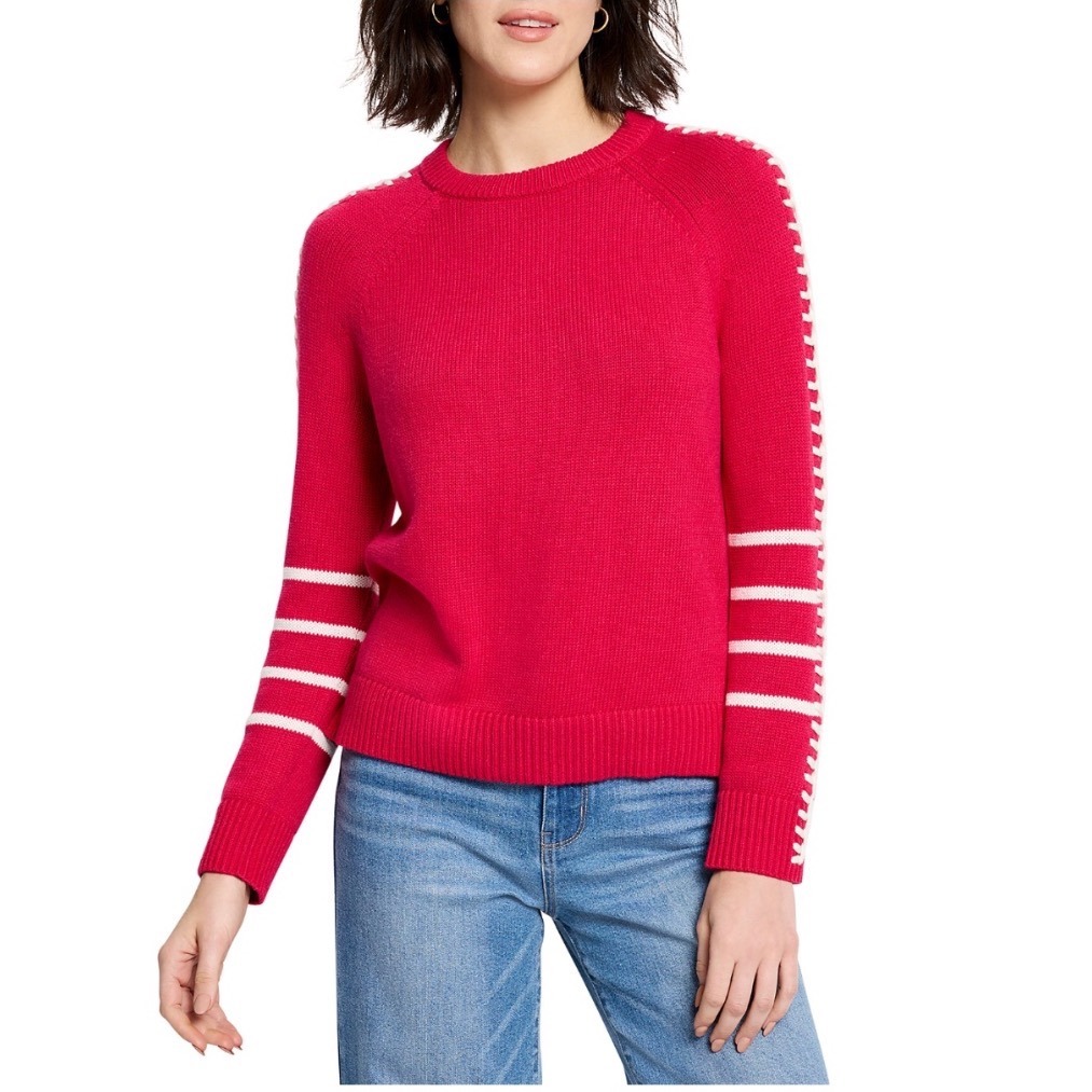 Nic+Zoe Dashing Down Sweater Xl Amaryllis Red Whipstitch Striped Ef241143 New